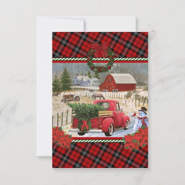 christmas red truck on horse farm painting thank you card (Front)