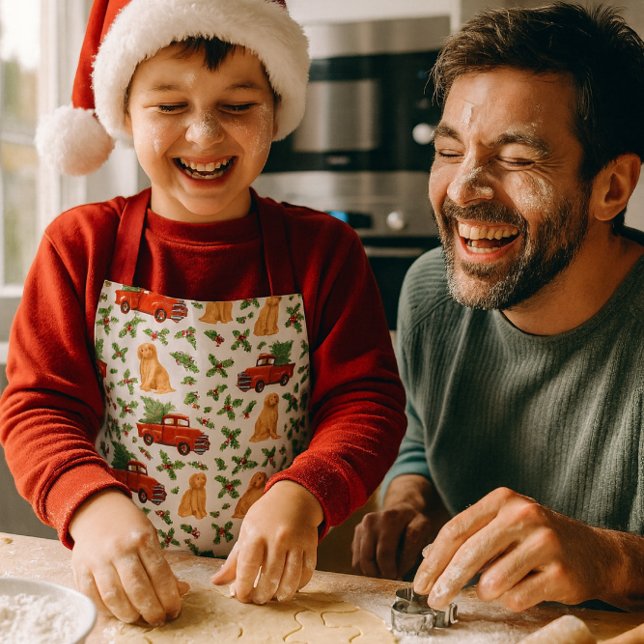 Christmas Red Truck Pattern Kids  Apron (A Christmas moment: making cookies with dad while wearing cute red-truck digital watercolor apron.)