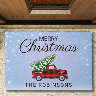Christmas Red Truck Plaid Family Name Doormat