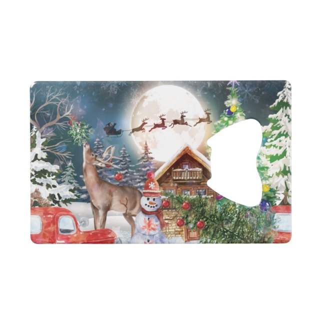 Christmas Red Truck Santa Rustic Winter Holidays Credit Card Bottle Opener (Front (Horizontal))