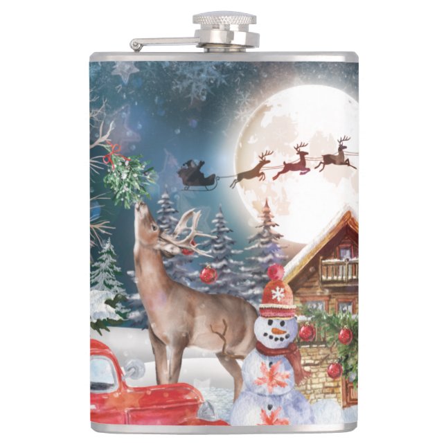 Christmas Red Truck Santa Rustic Winter Holidays Flask (Front)