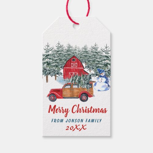 Christmas Red Truck Snowman in Forest Holiday Gift Tags