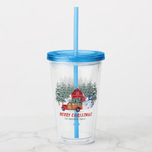 Christmas Red Truck Snowman in Forest Rustic Acrylic Tumbler