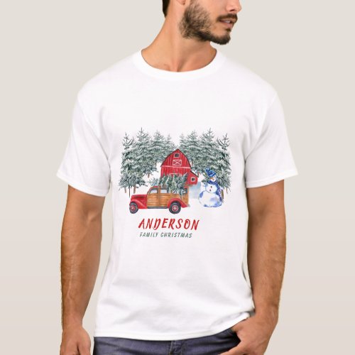 Christmas Red Truck Snowman in Forest Rustic T_Shirt
