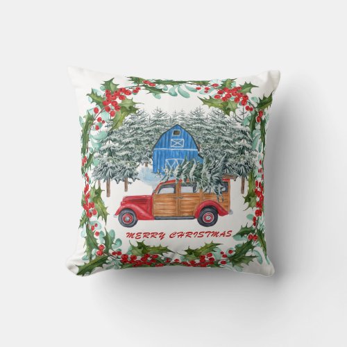 Christmas Red Truck Snowman in Forest Rustic Throw Pillow