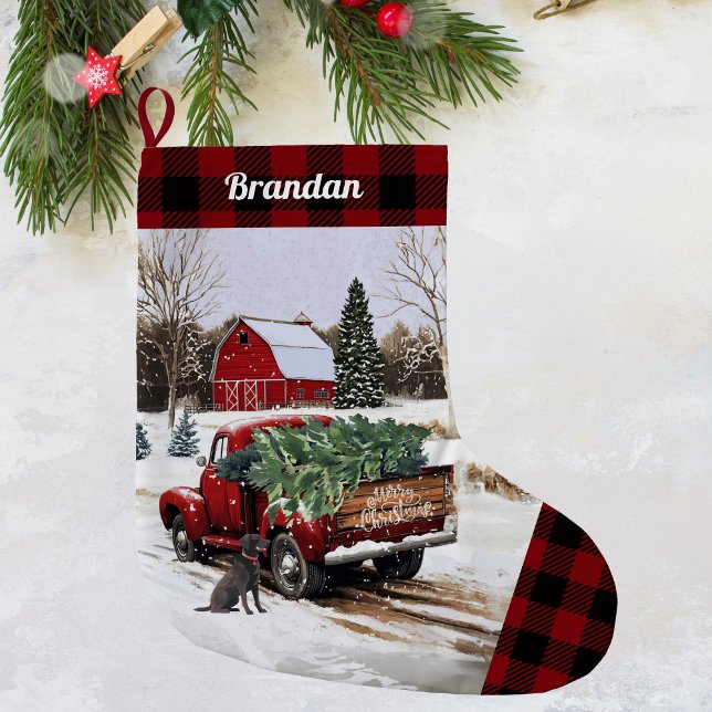 Christmas Red Truck Stocking - Personalized (Christmas red truck stocking)