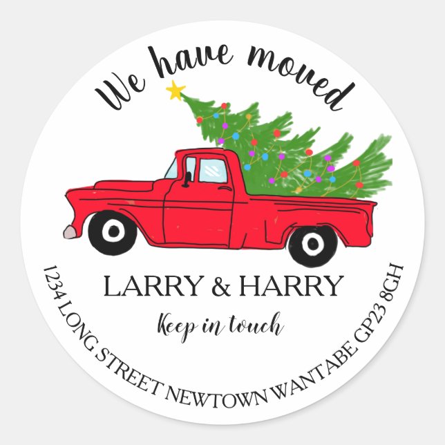 Christmas red truck tree Change of Address tree Classic Round Sticker (Front)
