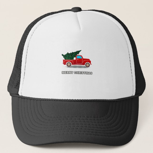 Christmas Red Truck Tree Gift For Xmas Vacation Trucker Hat (Front)