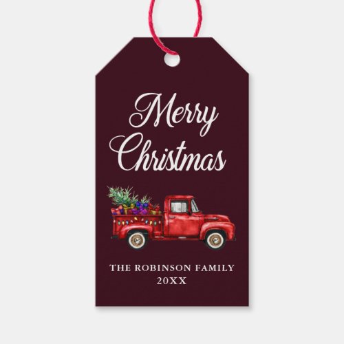 Christmas Red Truck Tree Gifts Lights Burgundy Gift Tags