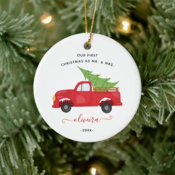 Christmas Red Truck Tree Mr Mrs Photo Married Coup Ceramic Ornament by rua_25 at Zazzle