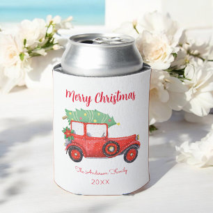 Christmas Red Truck Tree White Holiday Can Cooler