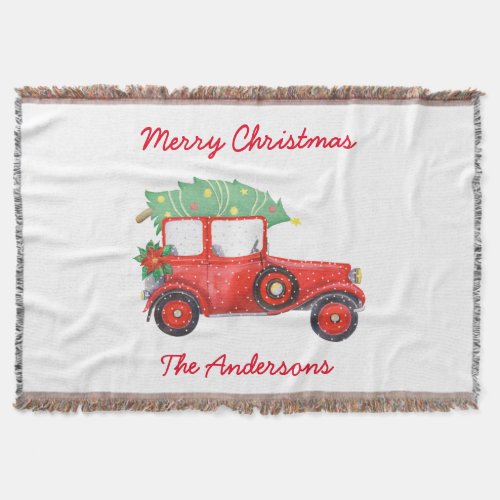 Christmas Red Truck Tree White Holiday Throw Blanket