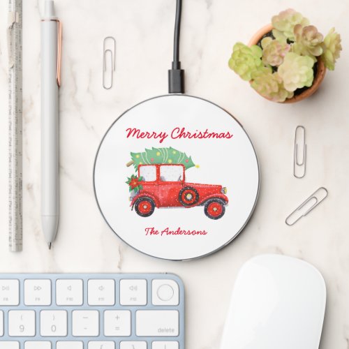 Christmas Red Truck Tree White Holiday Wireless Charger