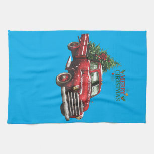 christmas, red, truck, vintage, kitchen towel