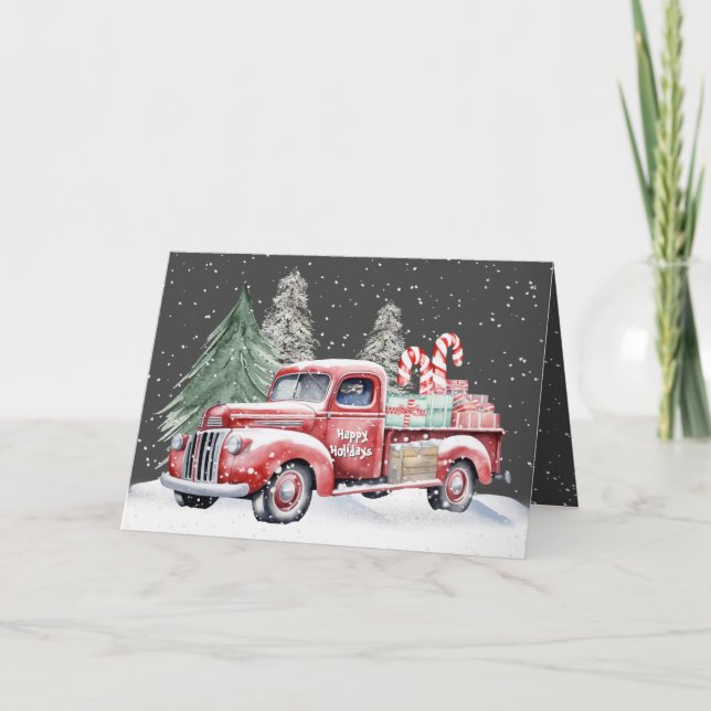 Christmas Red Truck With Candy Canes Holiday Card (Front)