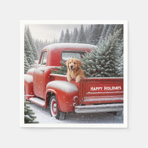 Christmas Red Truck With Golden Retriever Napkins