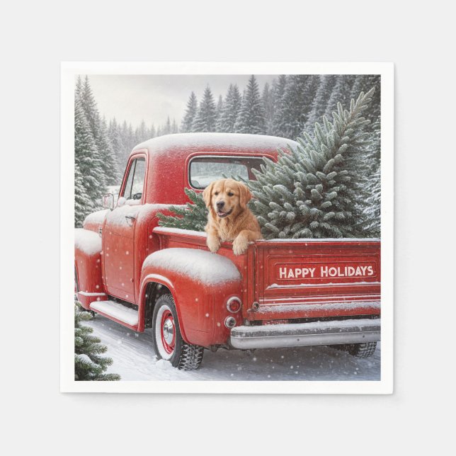 Christmas Red Truck With Golden Retriever Napkins (Front)