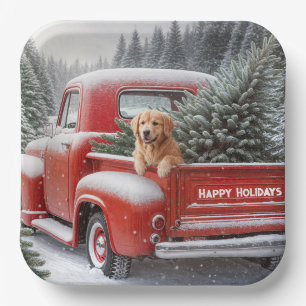 Christmas Red Truck With Golden Retriever Paper Plates