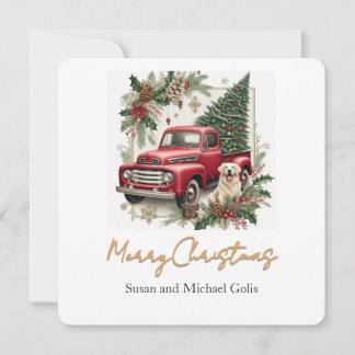 Christmas Red Truck with Greenery Gold Font Holiday Card