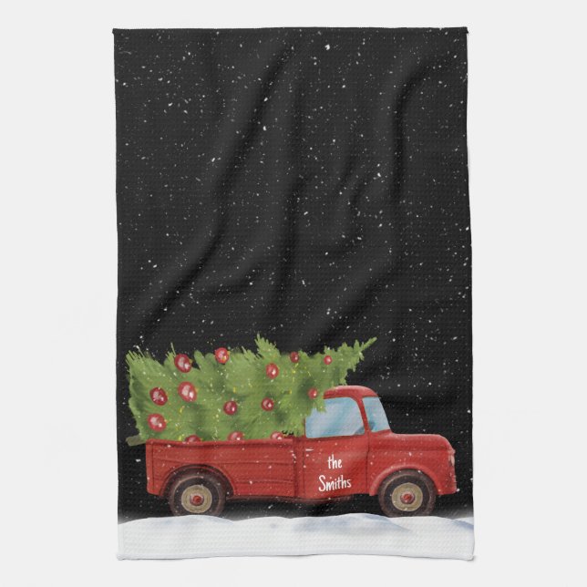 Christmas Red Truck with Name Kitchen Towel (Vertical)