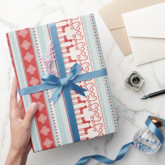 Christmas red turquoise snowflake reindeer stripes wrapping paper (Gifting)