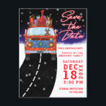 Christmas Red Van Reindeer Presents Snow Save Date Announcement Postcard<br><div class="desc">This cute and festive Christmas party save the date is perfect for setting the mood for your holiday event. It features a hand-drawn and hand-painted watercolor red and blue 70's Santa van with a puppy dog reindeer driver and packed colorful presents on top of the roof with a glowing red...</div>