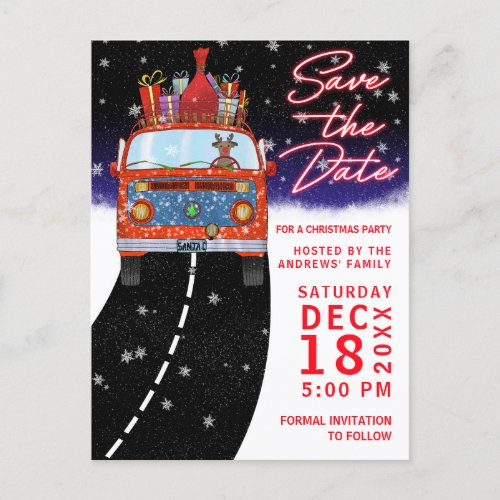 Christmas Red Van Reindeer Presents Snow Save Date Announcement Postcard
