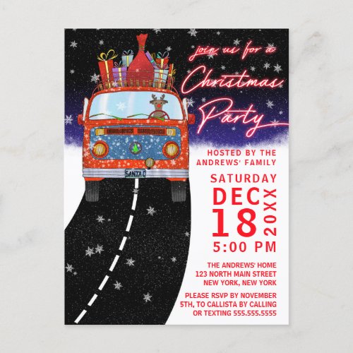 Christmas Red Van Reindeer Presents Snowy Party Announcement Postcard