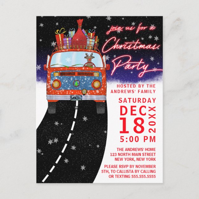 Christmas Red Van Reindeer Presents Snowy Party Announcement Postcard (Front)