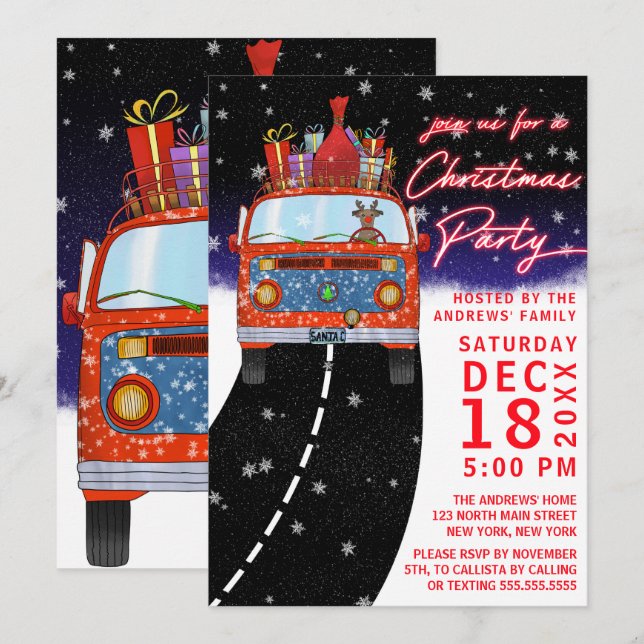 Christmas Red Van Reindeer Presents Snowy Party Invitation (Front/Back)