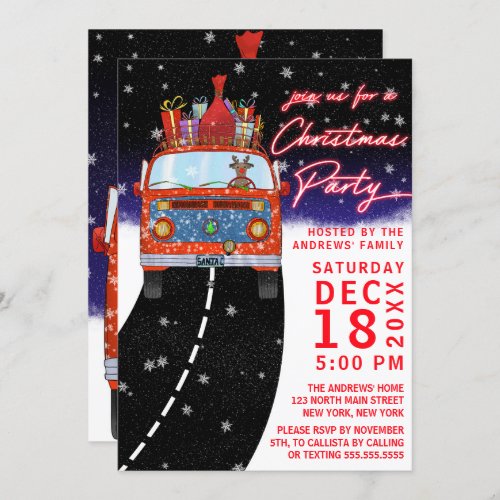 Christmas Red Van Reindeer Presents Snowy Party Invitation