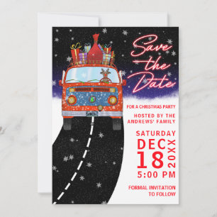 Christmas Red Van Reindeer Presents Snowy Party Save The Date