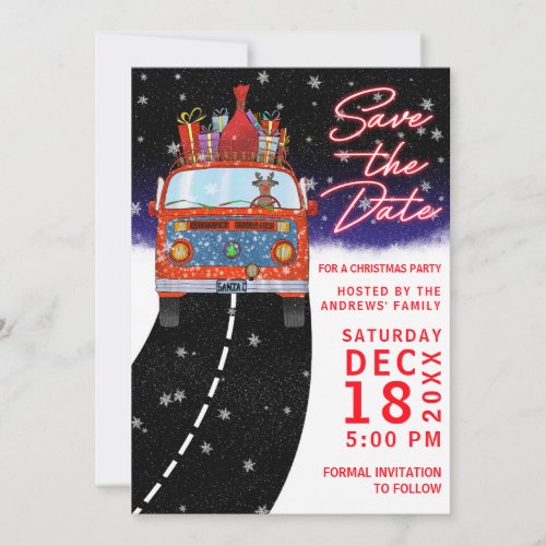 Christmas Red Van Reindeer Presents Snowy Party Save The Date