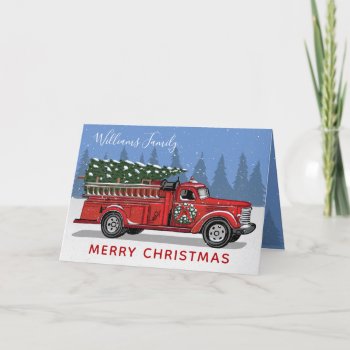 Christmas Red Vintage Fire Truck Wreath Holiday Card by ilovedigis at Zazzle