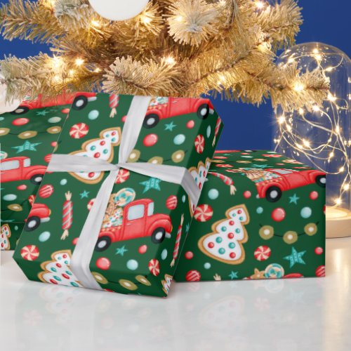 Christmas Red Vintage Truck and Christmas Candy  Wrapping Paper