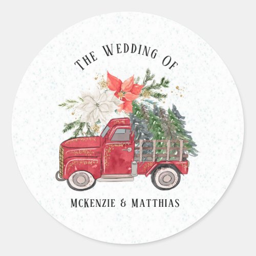 Christmas Red Vintage Truck and Trees Wedding Classic Round Sticker