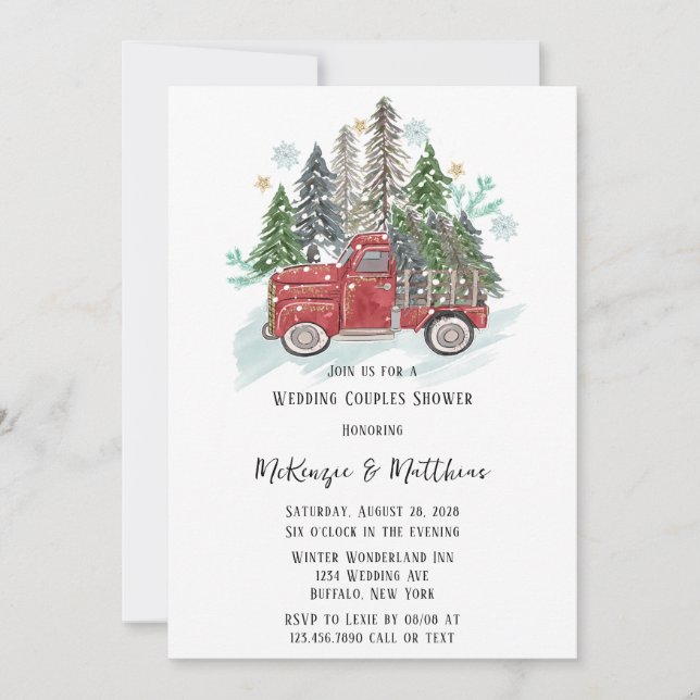 Christmas Red Vintage Truck and Trees Wedding Invitation (Front)