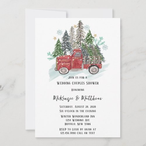 Christmas Red Vintage Truck and Trees Wedding Invitation