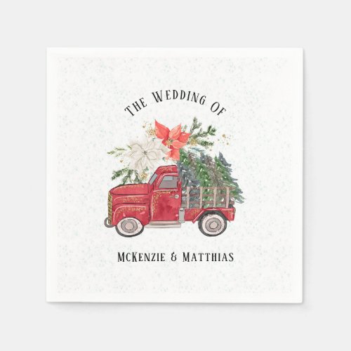 Christmas Red Vintage Truck and Trees Wedding Napkins