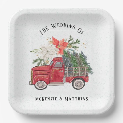 Christmas Red Vintage Truck and Trees Wedding Paper Plates