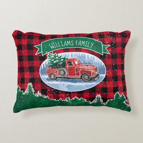 Christmas Red Vintage Truck Buffalo Plaid Add Name Accent Pillow