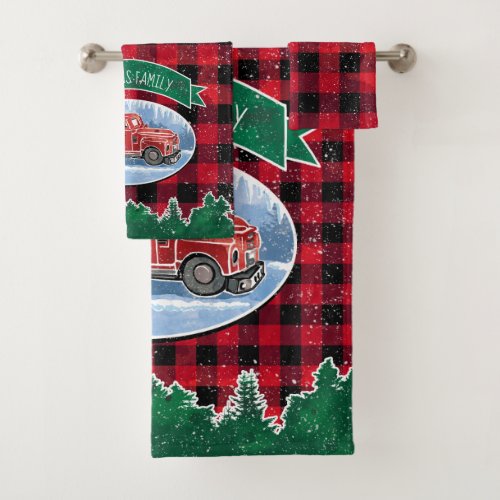 Christmas Red Vintage Truck Buffalo Plaid Add Name Bath Towel Set