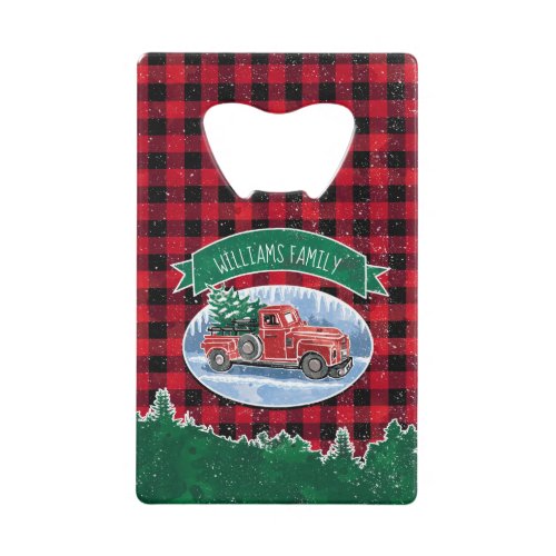 Christmas Red Vintage Truck Buffalo Plaid Add Name Credit Card Bottle Opener