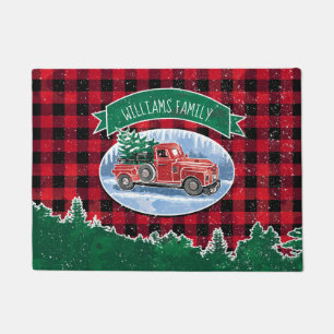 Christmas Red Vintage Truck Buffalo Plaid Add Name Doormat