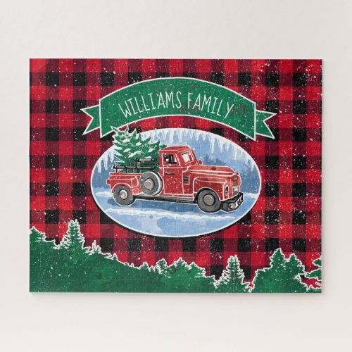 Christmas Red Vintage Truck Buffalo Plaid Add Name Jigsaw Puzzle