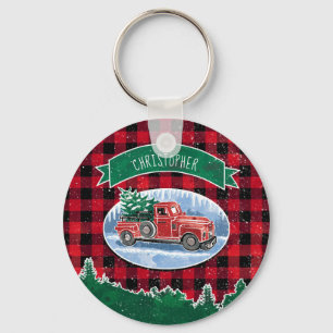 Christmas Red Vintage Truck Buffalo Plaid Add Name Keychain