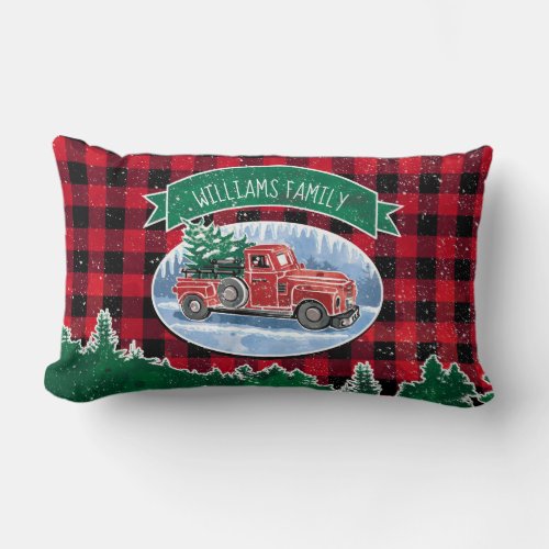 Christmas Red Vintage Truck Buffalo Plaid Add Name Lumbar Pillow
