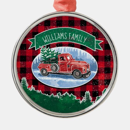 Christmas Red Vintage Truck Buffalo Plaid Add Name Metal Ornament