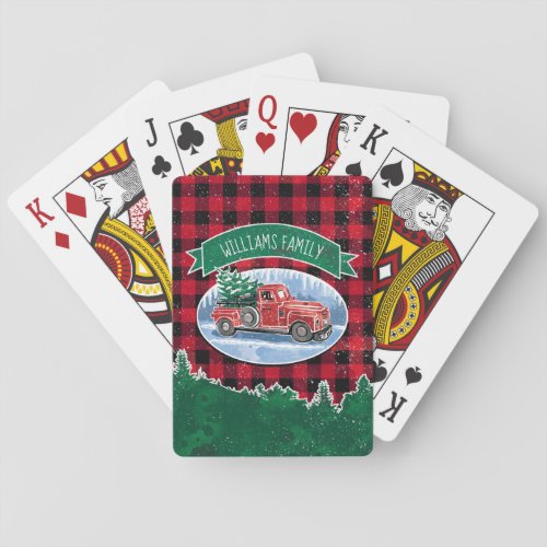 Christmas Red Vintage Truck Buffalo Plaid Add Name Playing Cards