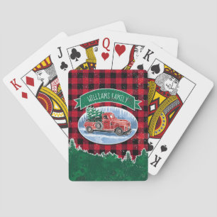 Christmas Red Vintage Truck Buffalo Plaid Add Name Poker Cards